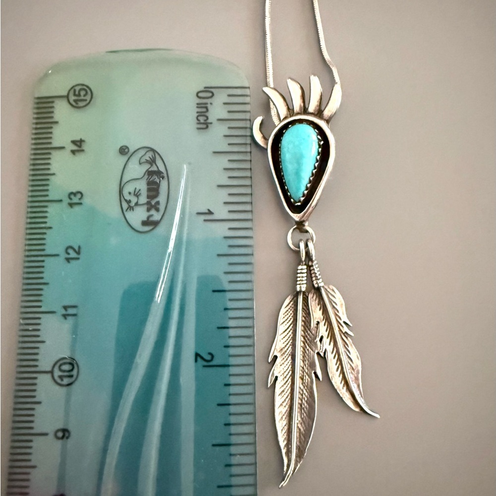 Native American Navajo SS Turquoise Bear Paw Feather Pendant by Francisco - Picture 4 of 6